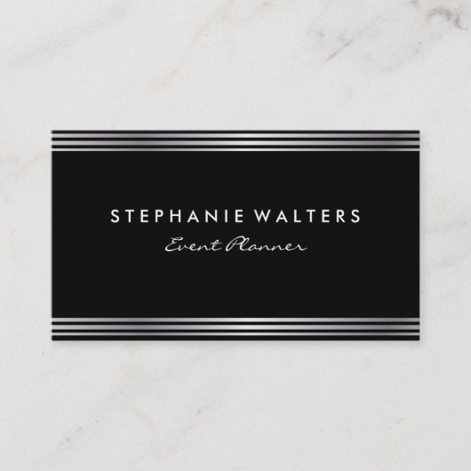 Modern Eenvoudig Metaalzilver en Zwart Visitekaartje (Voorkant)