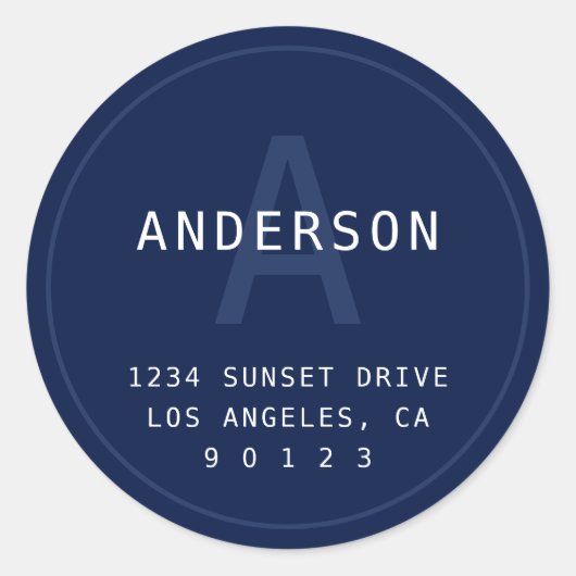Modern eenvoudig monogram adres | Navy Blue en Whi Ronde Sticker (Voorkant)