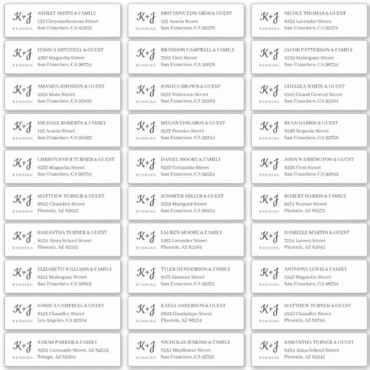 Modern Eenvoudig Monogram Bruiloft Gast Namen Adre Sticker (Voorkant)