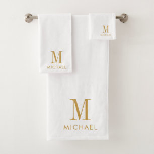 Modern Eenvoudig Monogram Goud Script Naam Wit Bad Handdoek