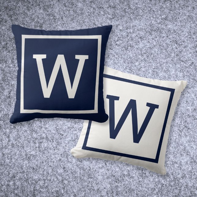 Modern Eenvoudig Monogram Navyblauw Kussen (Modern Simple Monogram Navy Blue Throw Pillow)