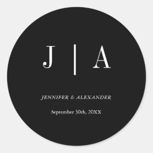 Modern eenvoudig monogram paar naam zwart en wit ronde sticker