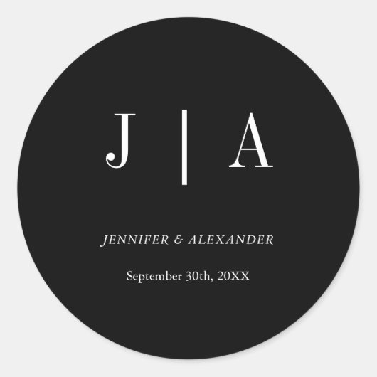 Modern eenvoudig monogram paar naam zwart en wit ronde sticker (Voorkant)