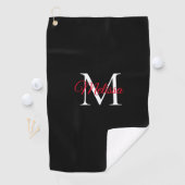 Modern eenvoudig monogram zwart rood golfhanddoek (Insitu)
