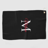 Modern eenvoudig monogram zwart rood golfhanddoek (Horizontaal)