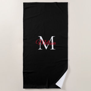 Modern eenvoudig monogram zwart rood strandlaken