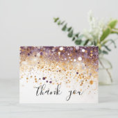 Modern Eenvoudig Paarse en Gouden Sequin Script Bedankkaart (Staand voorkant)
