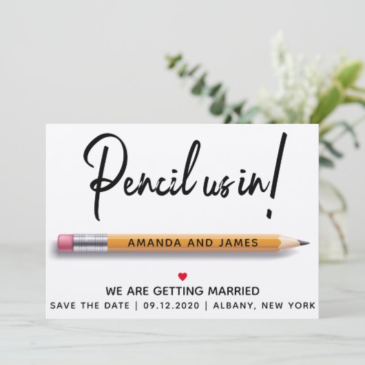 Modern eenvoudig potlood is in karton save the date (Staand voorkant)