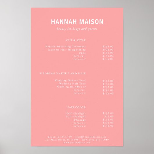 Modern Eenvoudig, Professioneel, Salon, Prijslijst Poster (Voorkant)