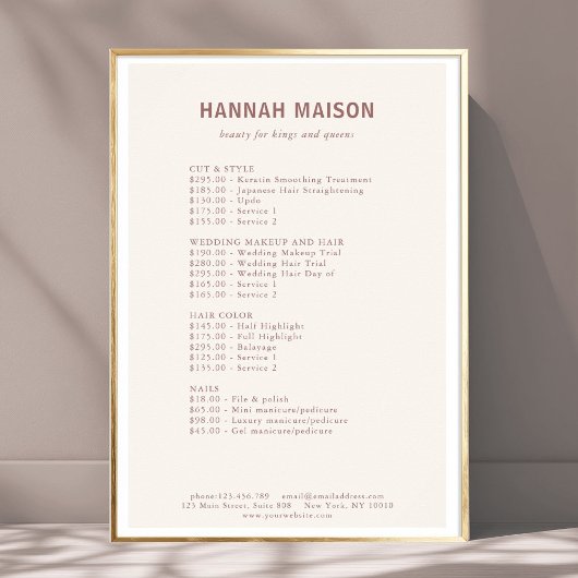 Modern eenvoudig, professioneel, salon, prijslijst poster