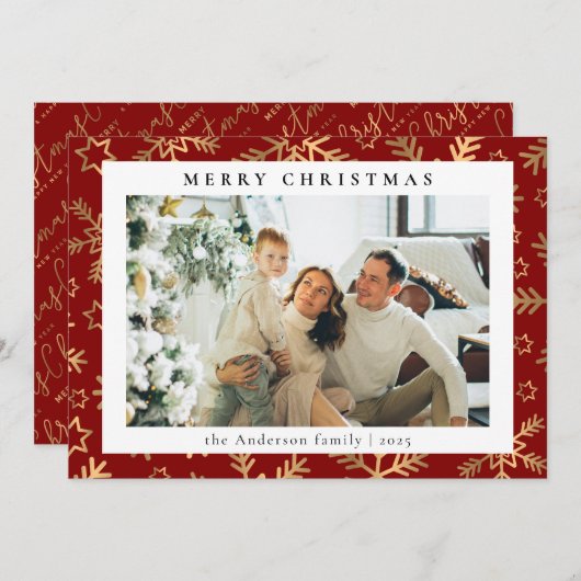 Modern eenvoudig rood goud | Familiefoto Kerstmis Feestdagenkaart (Voorkant / Achterkant)