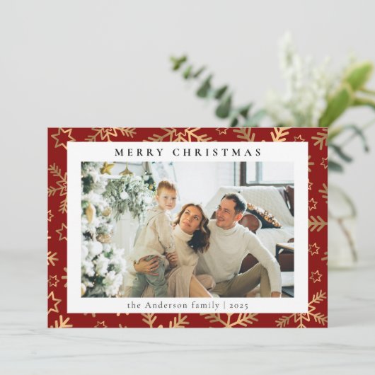 Modern eenvoudig rood goud | Familiefoto Kerstmis Feestdagenkaart (Staand voorkant)
