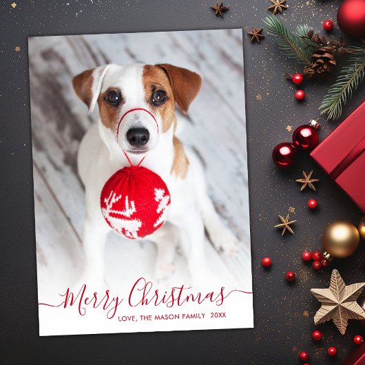 Modern eenvoudig rood script 2 foto kerst feestdagenkaart