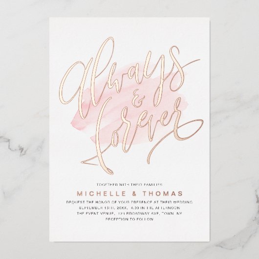 Modern eenvoudig Roos goud altijd en voor altijd s Folie Uitnodiging (Voorkant)