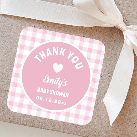Modern Eenvoudig Roze Gingham Baby shower Dank u Vierkante Sticker
