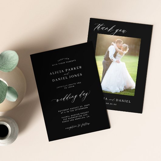 Modern eenvoudig script 2 foto's zwarte bruiloft bedankkaart