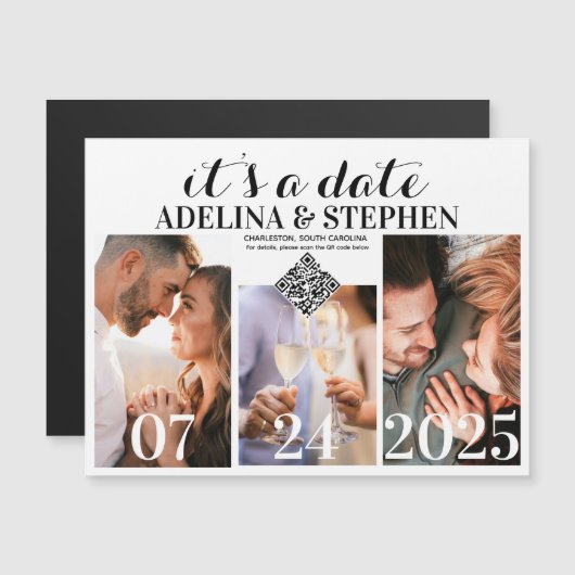 Modern eenvoudig script 3 foto QR CODE Sla de datu Magnetische Uitnodiging (Voorkant / Achterkant)