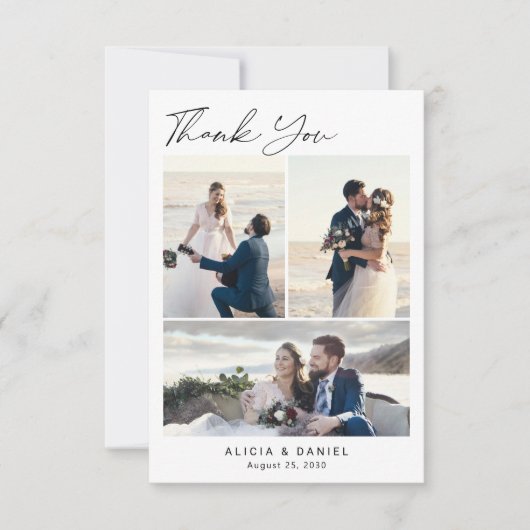 Modern eenvoudig script 4 foto collage bruiloft bedankkaart (Voorkant)