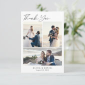 Modern eenvoudig script 4 foto collage bruiloft bedankkaart (Staand voorkant)
