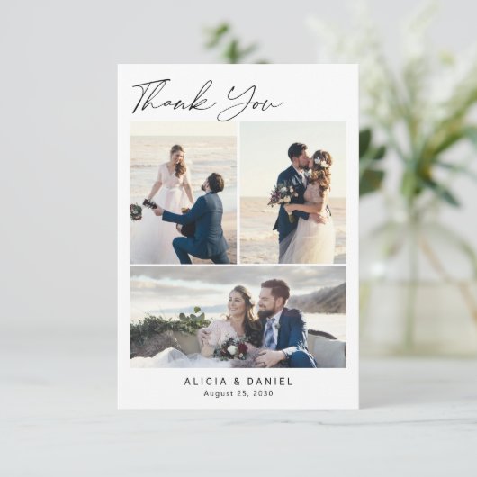Modern eenvoudig script 4 foto collage bruiloft bedankkaart (Staand voorkant)