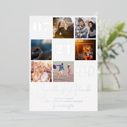 Modern Eenvoudig Script 6 Foto QR CODE Sla de datu Folie Uitnodiging (Staand Voorkant)