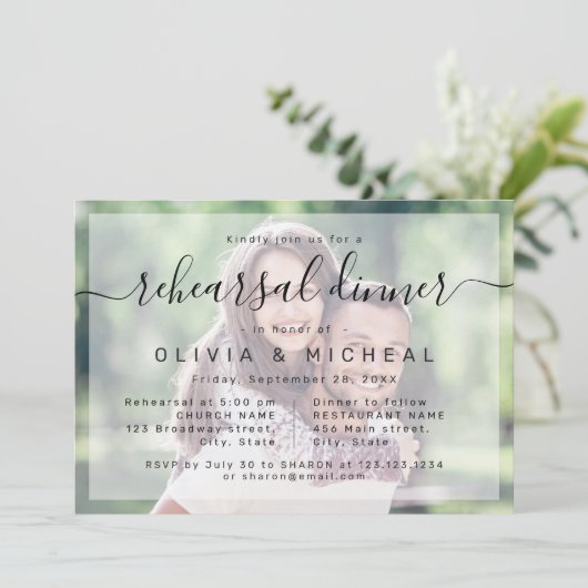 Modern eenvoudig script foto repetitie diner kaart (Staand voorkant)