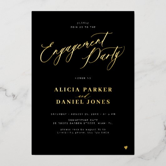Modern eenvoudig script goud zwart verlovingsfeest folie uitnodiging (Voorkant)