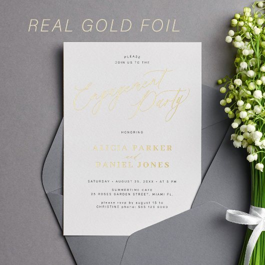 Modern eenvoudig script gouden folie verlovingsfee uitnodiging