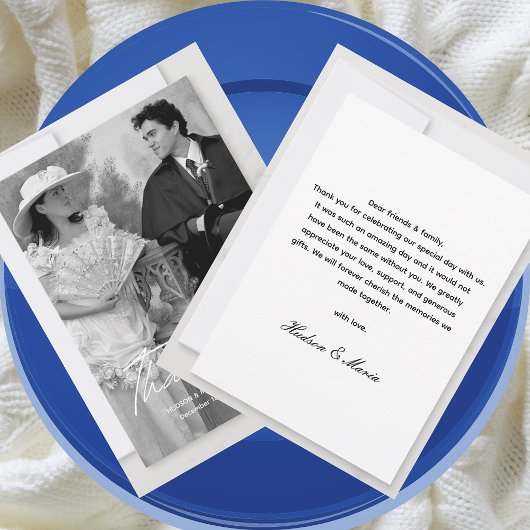 Modern eenvoudig script klassieke foto bruiloft op bedankkaart