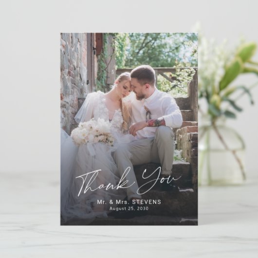 Modern eenvoudig script multi foto bruiloft bedankkaart (Staand voorkant)