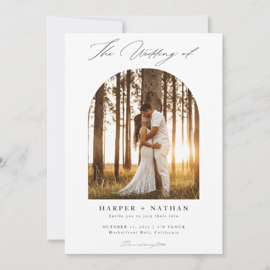 Modern eenvoudig script QR Code Arch Fotobruiloft Kaart (Voorkant)