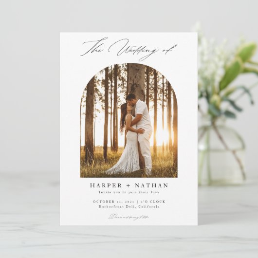 Modern eenvoudig script QR Code Arch Fotobruiloft Kaart (Staand voorkant)