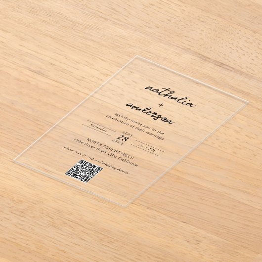Modern eenvoudig script QR-code bruiloft Acryl Uitnodigingen (Laagn)