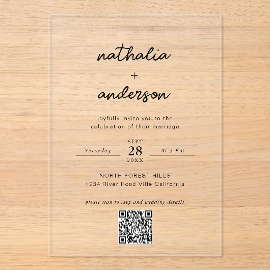 Modern eenvoudig script QR-code bruiloft Acryl Uitnodigingen (Voorkant)