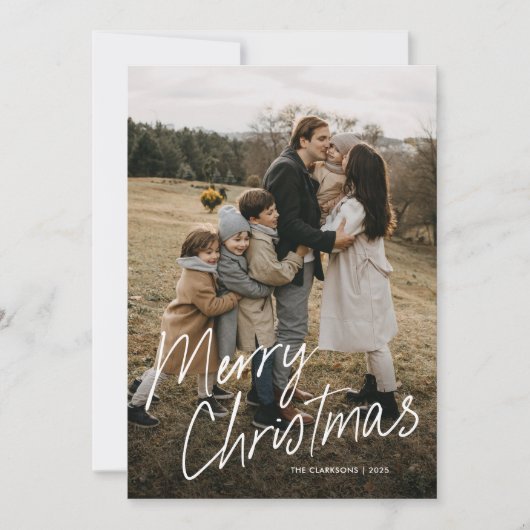 Modern Eenvoudig Script Vrolijk Kerstfeest 2 Foto Feestdagenkaart (Voorkant)