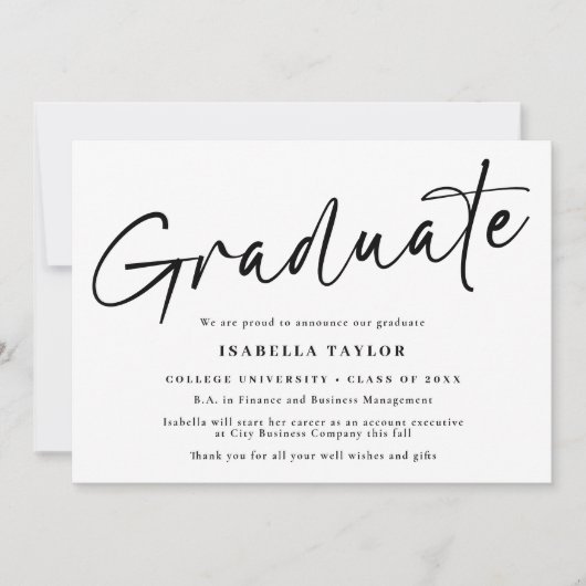 Modern Eenvoudig Script Zwart Wit Foto Afstuderen Aankondiging (Voorkant)