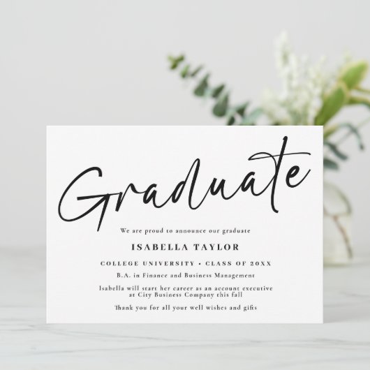 Modern Eenvoudig Script Zwart Wit Foto Afstuderen Aankondiging (Staand voorkant)