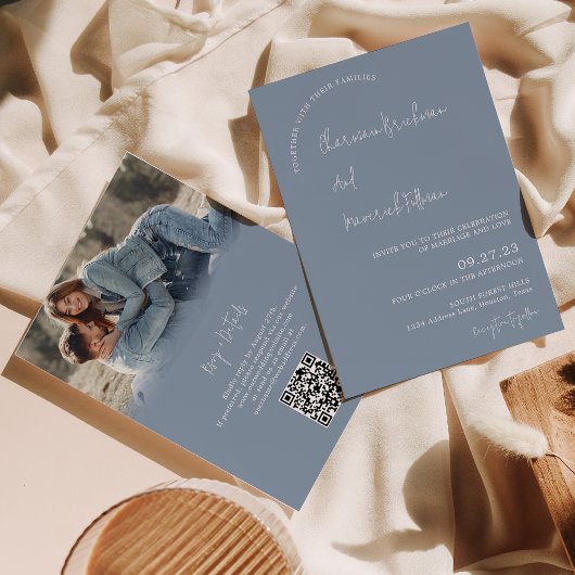 Modern Eenvoudig Stoffig Blauw RSVP QR-code Bruilo Kaart