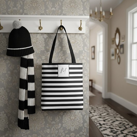 Modern eenvoudig strepen monogram tote bag