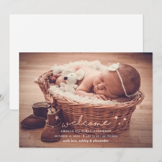 Modern eenvoudig welkom pasgeborene. Nieuwe geboor Aankondiging (Voorkant / Achterkant)