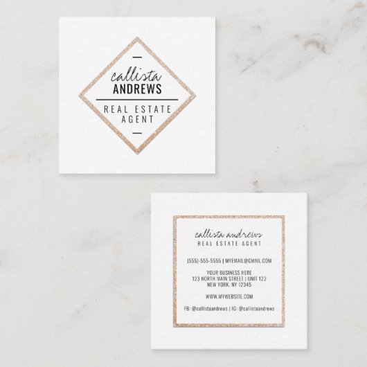 Modern Eenvoudig Wit Goud Glitter Diamantplein Vierkante Visitekaartje (Voorkant / Achterkant)
