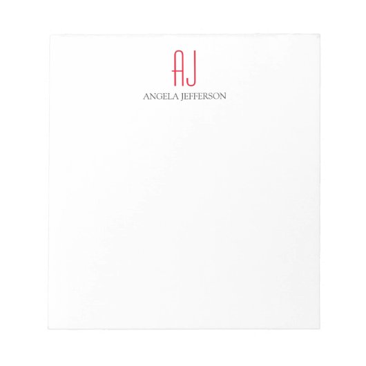 Modern eenvoudig wit rood monogram notitieblok (Voorkant)