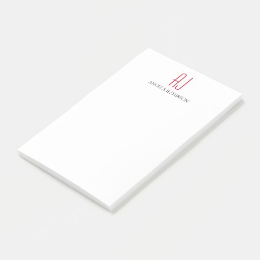 Modern eenvoudig wit rood monogram post-it® notes (Schuin)