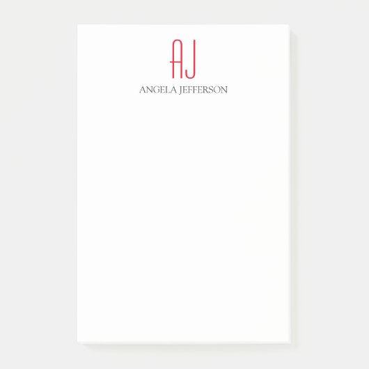 Modern eenvoudig wit rood monogram post-it® notes (Voorkant)