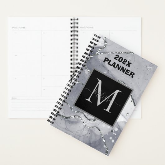 Modern eenvoudig zilver gemarmerd monogram planner (Display)