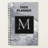 Modern eenvoudig zilver gemarmerd monogram planner (Voorkant)
