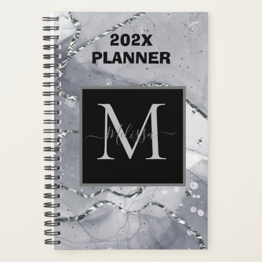 Modern eenvoudig zilver gemarmerd monogram planner (Voorkant)