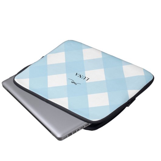 Modern Eenvoudig Zwart Bow Blauw Monogram Gingham Laptop Sleeve (Voorkant onderkant)