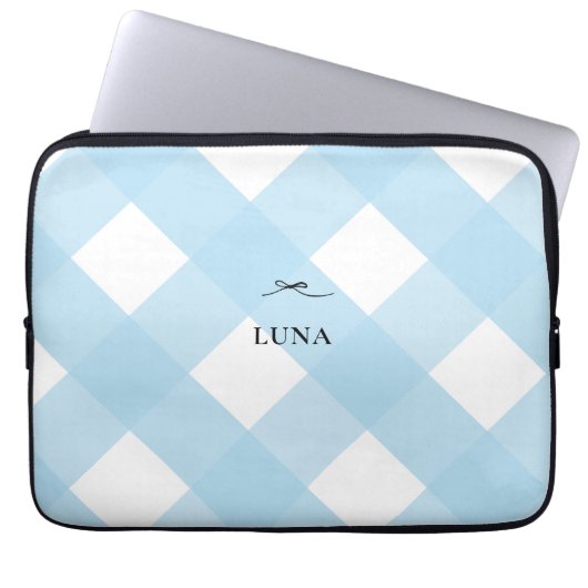 Modern Eenvoudig Zwart Bow Blauw Monogram Gingham Laptop Sleeve (Voorkant)