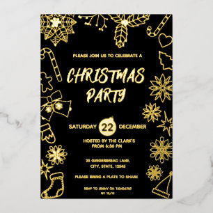 Modern Eenvoudig Zwart en Goud Elegant Kerstfeest Folie Uitnodiging